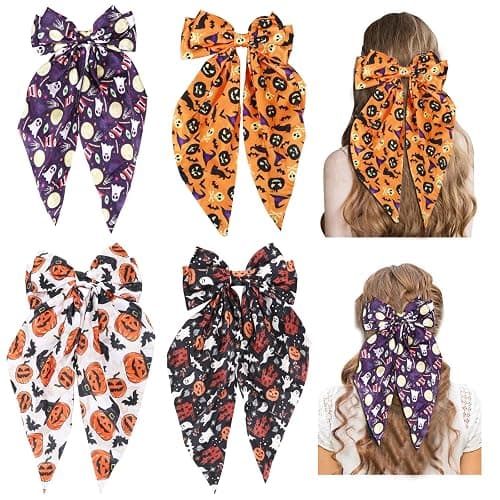 Halloween Silky Satin Hair Bows for Women,Big Ribbon Bow Hair Clips for Girls, Oversized Long Tail Hair Barrettes Cute Hair Accessories (Halloween purple) - Image 1
