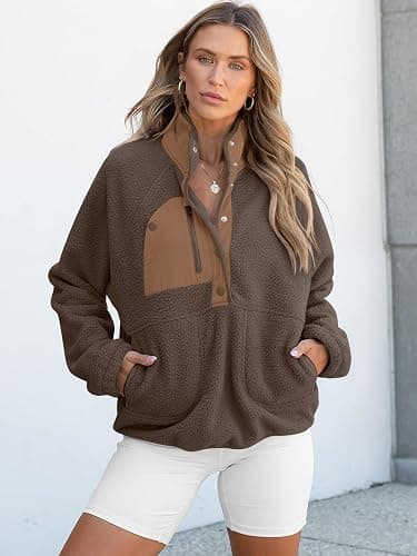 ANRABESS Women Fuzzy Fleece Pullover Sherpa Sweatshirt Long Sleeve Button Down Warm Soft Color Block Jackets with Pockets thumbnail 7