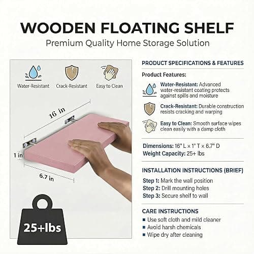 SAUMONIERES Floating Shelves Wall Shelf Solid Wood for Bathroom Bedroom Kitchen Set of 3, Pink Wall Shelves thumbnail 3