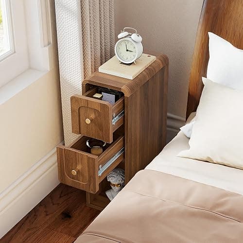 MAHYIZYI Narrow Nightstand with 2 Drawers, Small Bedside Tables, Mid-Century Modern Slim Night Stand with Storage, Wooden End Table for Small Spaces, Bedroom, Living Room (Walnut-1PCS) thumbnail 6