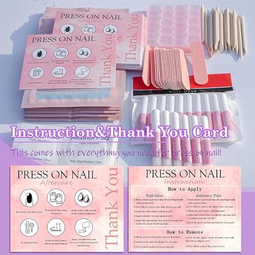 Disposable Nail Supplies Kits,Professional Manicure Press On Nail Tool Kit with Nail File,Adhesive Tabs,Nail Glue,Sticks, Prep Pads,Bags,Cards for Nail Business (350pcs50set-pink) thumbnail 6
