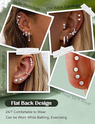 Adramata 12 Pairs Stud Hoop Earrings for Women Hypoallergenic Flat Back Earrings Stud Huggie Earring Sets for Multiple Piercing Conch Cartilage Earring Gold Silver Tragus Helix Piercing Jewellery thumbnail 3