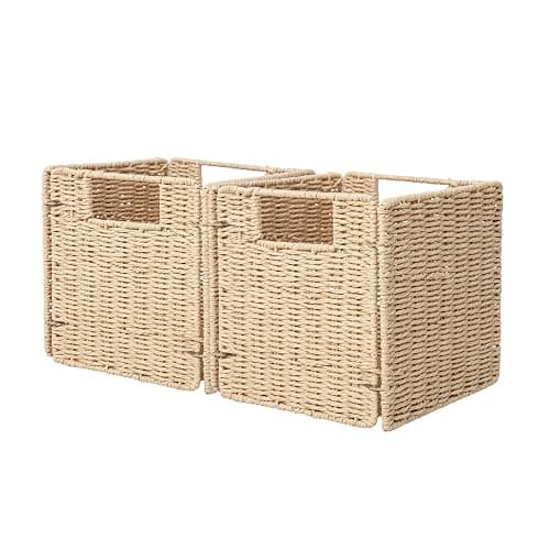 YAHUAN Foldable Paper Rope Storage Cubes 9X9 Hand Woven Wicker Storage Bins Square Basket Storage Baskets for Shelves (Paper rope 2-pack) - Image 1