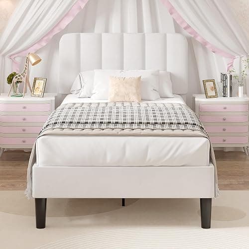 VECELO Twin Size Bed Frame with Upholstered Headboard, Velvet Platform Bedframe Mattress Foundation, Strong Wood Slat Support, No Box Spring Needed,White thumbnail 2