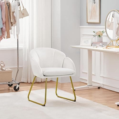 Yaheetech Modern Velvet Vanity Chair Armchair, Flower Shaped Makeup Chair with Golden Metal Legs for Living Room/Makeup Room/Bedroom/Home Office/Kitchen, White thumbnail 4