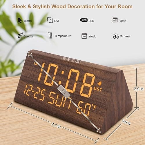 DreamSky Digital Alarm Clock for Bedrooms - Wooden Desk Clock with Date | Day of Week, USB Port, Temperature, Dimmer for Bedside Table, Living Room, Office, Adjustable Volume, Auto DST, Wood Decor thumbnail 2