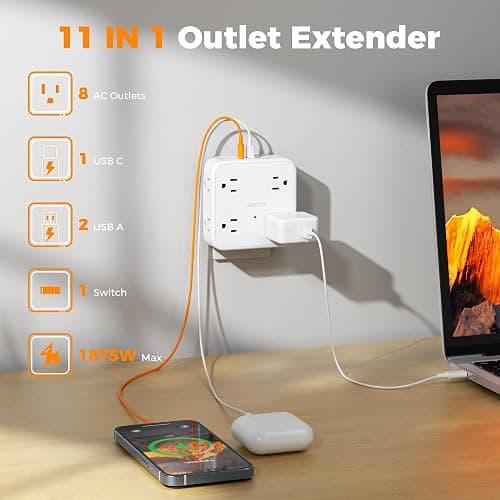 Multi Plug Outlet Extender, TESSAN Wall Surge Protector Plug Extender with 8 Sockets, Multiple Outlet Splitter with 3 USB Ports (1 USB C), Power Socket Expander with Switch for Home, Dorm, White thumbnail 3
