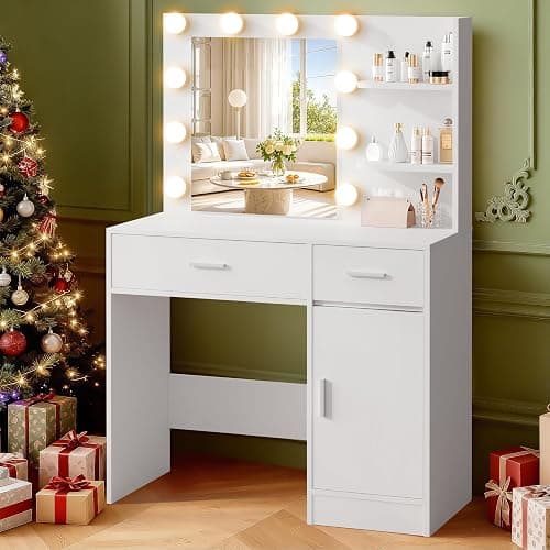 LIVELYGLOW Lighted Makeup Vanity Desk, 35.4“W x 15.7'”D x 54“H, White (with Lights and Mirror, Dimming Function, 2 Drawers and 1 Cabiniet, Open Shelves) by Boahaus thumbnail 3