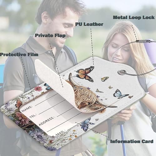 3 Pack PU Leahter Highland Cow Butterfly Flowers Luggage Tag with Stainless Steel Loop, Travel Suitcase Labels with Privacy Cover ID Label Quickly Spot for Bags thumbnail 3