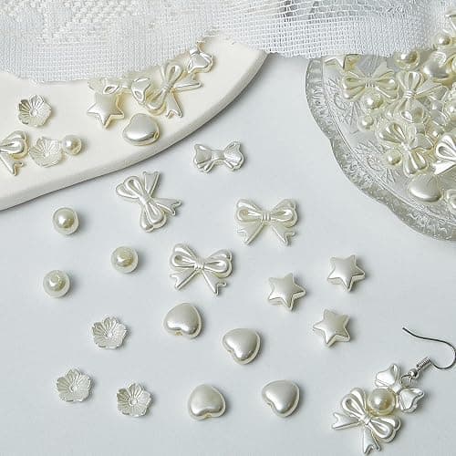 Juexica 500 Pcs ABS Imitation Pearl Beads Star Heart Bowknot Circle Flower White Aesthetic Beads for Jewelry Making Bracelets Necklaces Earrings Key Chains Accessories DIY Crafts(Classic Style) - Image 1