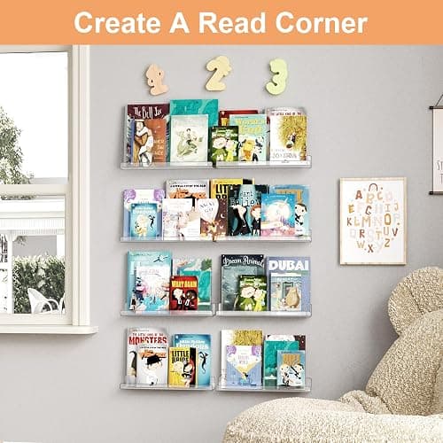 upsimples 8 Pack Acrylic Shelves Wall Organizer and Storage, 15" Display Shelf for Figure, Toy Cars, Perfume, Kids Bookshelf for Bedroom, Nursery, Craft Room, Clear thumbnail 4