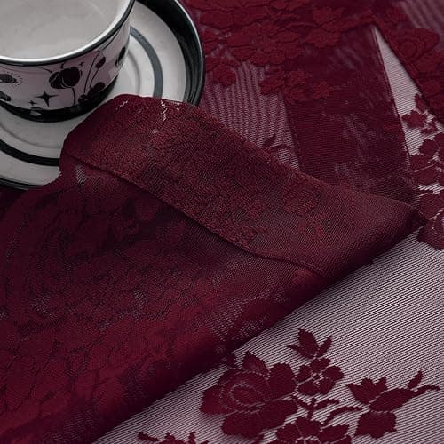 Kotile Burgundy Lace Curtains Short 30 Inch Length 2 Panels Cottagecore Floral Maroon Sheer Kitchen Curtains Over Sink, Rod Pocket Privacy Light Filtering Window Lace Cafe Curtain, 42 x 30 Inch thumbnail 8