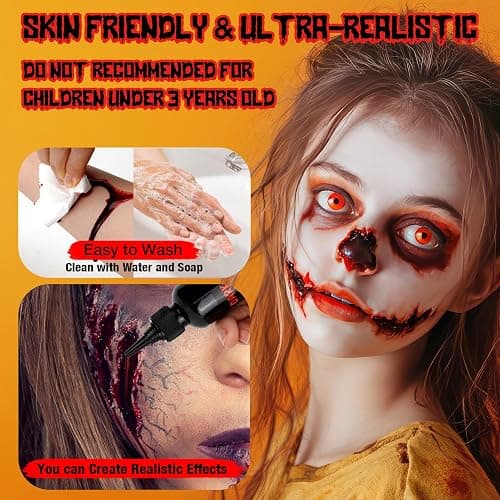 3PCS Halloween Fake Blood Kit Cosplay Makeup & Dress Up Accessories | 2.03oz Fake Blood Spray+2.03oz Dripping Blood+1.06oz Coagulated Gel Blood, Realistic Washable Fake Blood for Zombie Vampire thumbnail 4