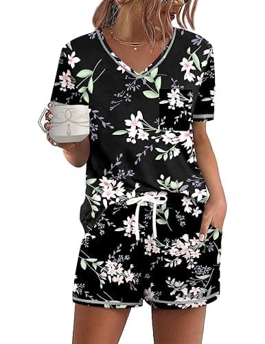 Ekouaer Women's Pajamas Sets Short Sleeve Lounge Sets Sleepwear Casual Two Piece Pjs With Pockets - Image 1