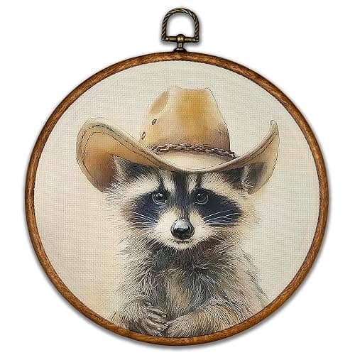 BCUANGD Western Trendy Round Wall Art Decor - Retro Raccoon Neutral Wall Art Canvas Frame Artwork Prints, Rustic Vintage Country Round Wall Hanging Decorations for Home Farmhouse Bedroom, 10"x10" - Image 1