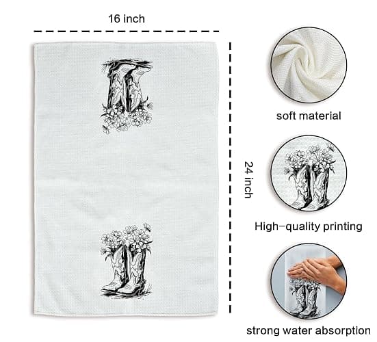 Tzhim Western Kitchen Towels, Preppy Cowboy Hand Towels, Black Cowgirls Boots Floral Rodeo Dishcloths Tea Towels for Kitchen, Vintage Retro Howdy Baby KitchenBathroom Decor Set of 2, 16x24in thumbnail 3
