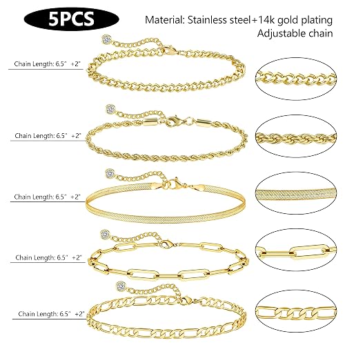 14K Gold Chai14K Gold Chain Bracelets Set for Women, Dainty Paperclip Link Bead Stackable Layered Bracelets Metal Fashion Jewelry thumbnail 4