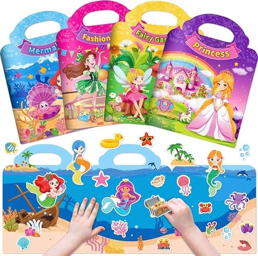 4 Sets Reusable Sticker Books for Toddler, Dress Up Stickers Book for Girls, Arts Crafts Jelly Stickers Travel Toys, Birthday and Christmas Gifts for Kids 3 4 5 6, Princess, Mermaid, Fairy Tale - Image 1