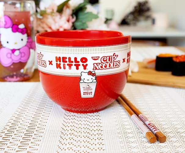 Silver Buffalo Sanrio Hello Kitty x Nissin Cup Noodles Red Ceramic Dinnerware Set | Includes Ramen Noodle Bowl and Wooden Chopsticks thumbnail 2