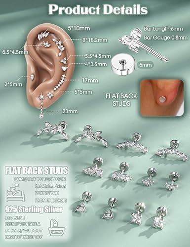 LOYALLOOK 925 Sterling Silver Flat Back Stud Earrings for Women Hypoallergenic | 14K Gold Plated Cartilage Earrings for Sensitive Ears | Leaf Flower CZ Helix Tragus Piercing Jewelry for Mother's Day thumbnail 5