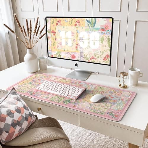 iCasso Desk Mat,Mouse Pad for Office Desk,35.4x15.7in,Pink Flowers | Desk Pad Home Office Decor Supplies, Desk Accessories for Women, Non-Slip Mousepad with Stitched Edge, Smooth Water-Resistant thumbnail 7