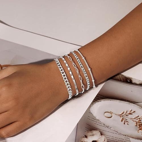 Gokeey Gold Bracelets Set for Women Non Tarnish Trendy,14K Gold Plated Dainty Stackable Paperclip Cuban Link Chain Bracelets, Simple Cute Cuff Bracelets Jewelry Set Adjustable 7"+2" thumbnail 4