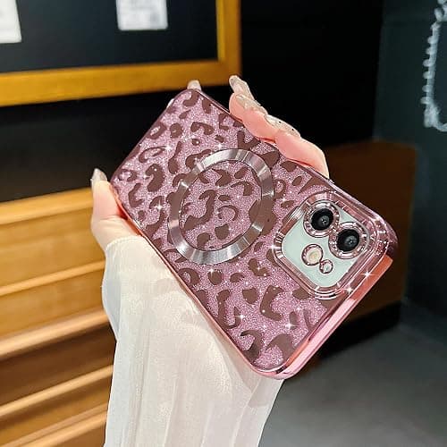 ZONRW for iPhone 12 Case Magnetic,Soft Cute Luxury Leopard Cheetah Pattern Plating Glitter Bling Phone Case Compatible with MagSafe Clear Shockproof Back Cover for Women Girl 6.1"-Pink thumbnail 4