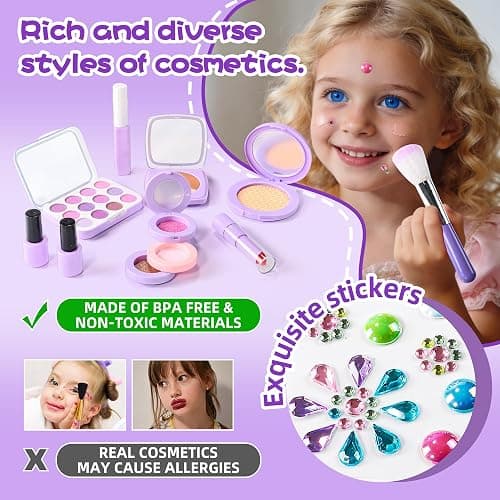 DIAOLEWITOY Pretend Makeup Kit for Girls - 30-Piece Play Cosmetic Set, Birthday Gift for Kids Ages 3-6 Years Old (Purple) thumbnail 2