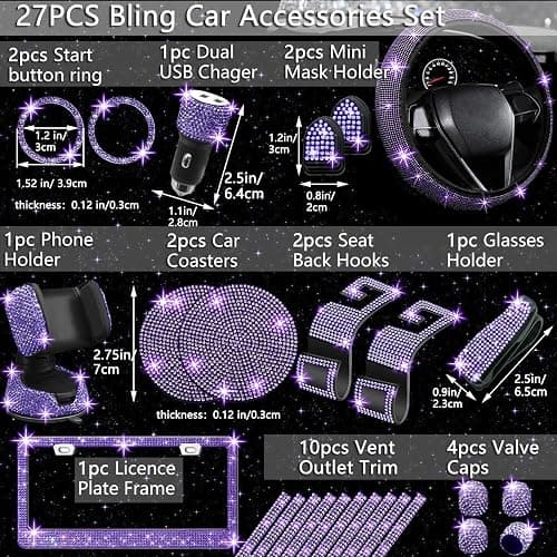 NBTEPEM 27 PCs Purple Violet Bling Car Accessories Set for Women, Steering Wheel Covers Universal Fit 15 Inch, Bling License Plate Frame, Bling Phone Holder, Bling Car Coasters thumbnail 2