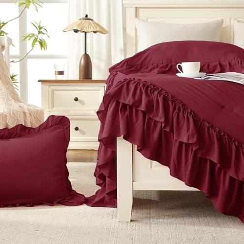 Andency Burgundy Comforter Set Queen Size, Lightweight Fluffy Farmhouse Ruffle Bedding Set, Soft Microfiber All Season Shabby Chic Bed Comforter Set 3 Pieces(1 Comforter 2 Pillowcases) thumbnail 4