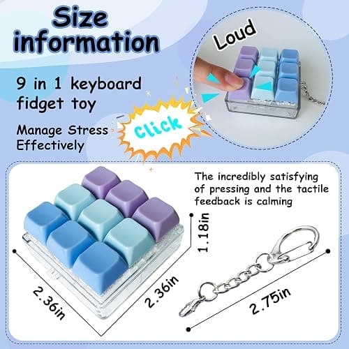 Keyboard Fidget Toy, Keyboard Fidget Keychain 9-in-1 Keyboard Decompression Button Finger Clicker Toys Stress Relief Fidget Gifts (3 Colors- Blue Purple) thumbnail 3