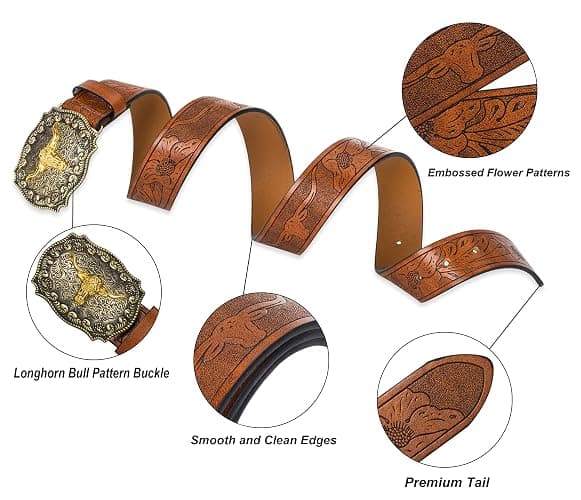HinyBoeh Western-PU-Leather-Belts for Men and Women Cowboy-Cowgirl Longhorn-Bull-Pattern-Engraved-Buckle-Belt for Unisex thumbnail 3