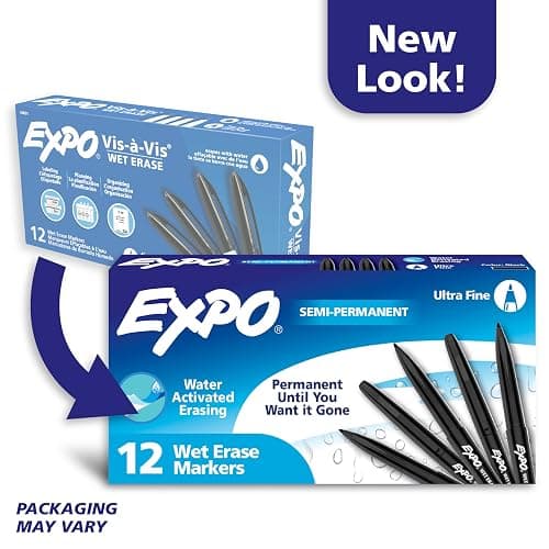 EXPO Wet Erase Markers, Semi-Permanent, Black, Ultra Fine Tip, 12 Count - For Writing on Glass, Whiteboards, Mirrors, Calendar, Labeling, Organizing thumbnail 10