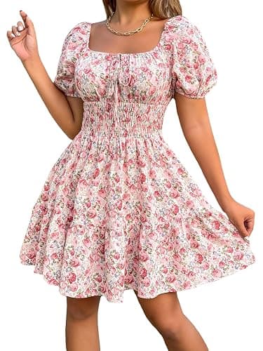 Floerns Women's Boho Square Neck Puff Short Sleeve Self Tie Front A Line Dress - Image 1
