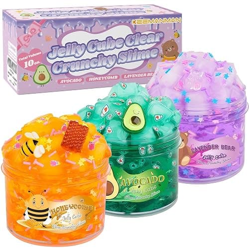 Keemanman Slime Kit - 3 Pack Jelly Cube Clear Crunchy Slime with Avocado, Honeycomb and Lavender Bear Charms, Preppy and Aesthetic Stuff, Cute Stress Toys and Cool Birthday Gifts for Girls and Boys - Image 1