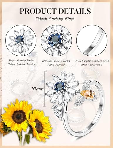 sailimue Anxiety Ring Fidget Ring for Women Men Spinner Fidget Rings for Anti Anxiety Adjustable Open CZ Flower Bead Stress Relieving Spinning Rotatable Rings 9 Pcs thumbnail 5