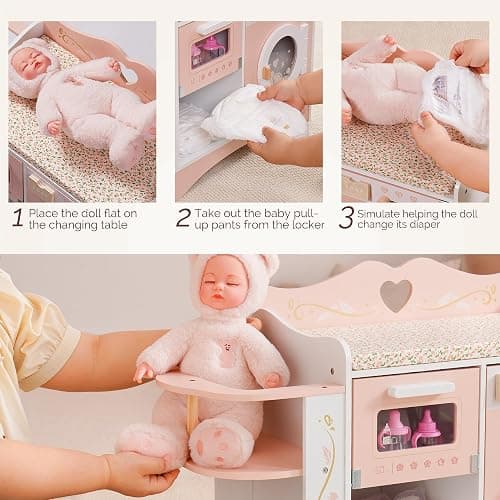 ROBOTIME Wooden 6-in-1 Baby Doll Changing Table with Baby Doll Crib, Washing Machine, Bottle Sterilizer, Storage Area, and Doll Seat, Ideal Role-Playing Toy for Kids 3+, Fits Dolls Up to 20 in, Pink thumbnail 5