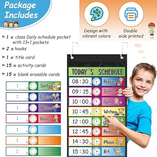 Chinco Daily Schedule Pocket Chart School Class Schedule Kit 13+1 Pocket Chart, 2 Hook, Title Card, 30 Double-Sided Blank Erasable Card for Classroom School or Home(Black) thumbnail 3