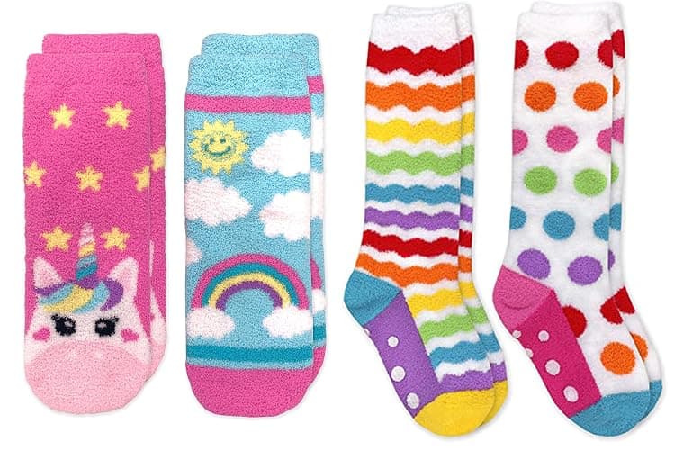 Jefferies Socks Girls Fuzzy Rainbow Animal Pattern Non Skid Slipper Socks 4 Pack thumbnail 8