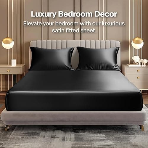 BEDELITE Satin Fitted Sheet and Pillowcases Set, Luxury Soft Similar to Silk Bottom Bed Sheet with Elastic Corner Straps, Deep Pocket up to 15 Inch, 1 Fitted Sheet and 2 Pillowcases(Full, Black) thumbnail 2