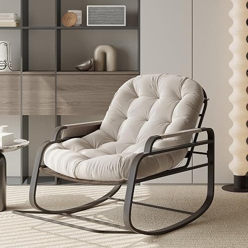 BHFFTHK Schaukelstuhl mit fußablage, Schaukelstuhl für drinnen & draußen, Schaukelsessel Wohnzimmer Relaxstuhl mit gepolsterter, bis 150 kg Belastbar für Garten, Wohnzimmer, Beige (Beige-C) - Image 1