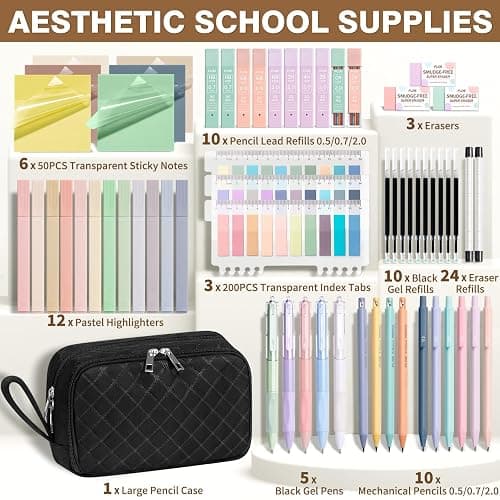 62PCS Aesthetic School Supplies with Cute Pencil Case, Pastel Highlighters Black Ink Gel Pens Mechanical Pencils Kit, Back to School Supplies College Essentials Preppy Stationary Set for Student Girls thumbnail 3