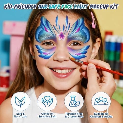 Professional Face Painting Kit for Kids – 42 Color Water-Activated Face Paint Makeup Palette with Stencils, Gems & Brushes – Non-Toxic Body Paint for Parties, Festivals, School Events & Carnival thumbnail 2