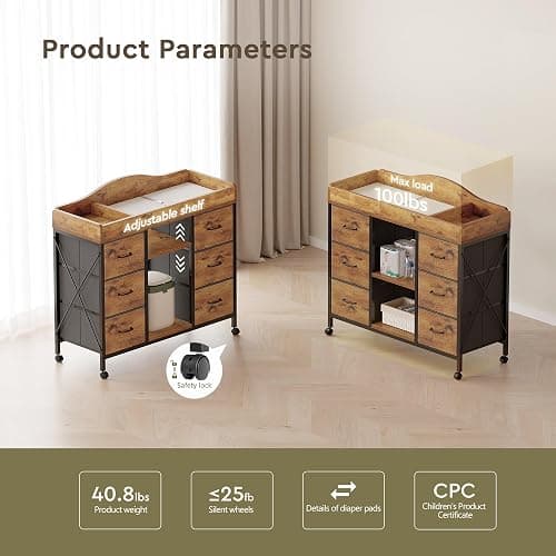 Yetom Changing Table, 6-Drawer Baby Dresser with Changing Table top,Waterproof Diaper Changing Station & Pad, 2 Height-Adjustable Open Storage Shelves, Mobile Nursery Organizer, Rustic Brown thumbnail 7