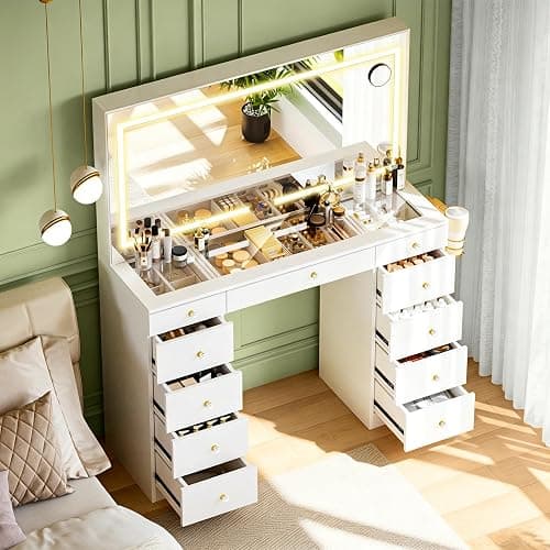 Fkhouse 11 Drawers Glass Top Vanity Desk, Crystal Handles Makeup Vanity with Mirror and Lights, Dressing Table with Power Outlet, Adjustable Lighting Modes, White thumbnail 3