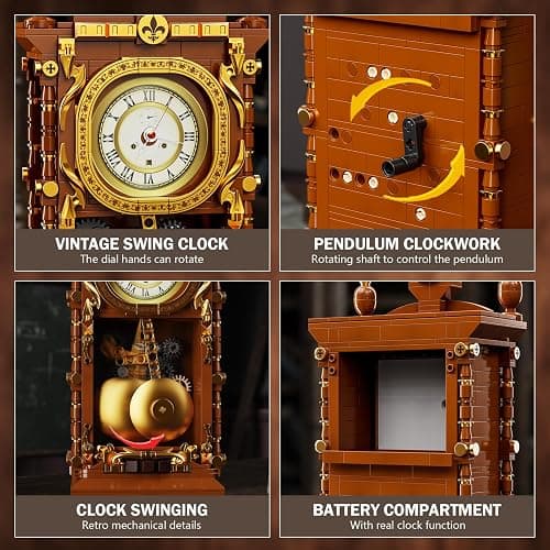 Vziimo Retro Clock Building Blocks Set, Vintage Pendulum Clock Model Kit with Real Functional Timepiece, Creative Gift Toys for Adults Teens 14+ (751 PCS) thumbnail 3