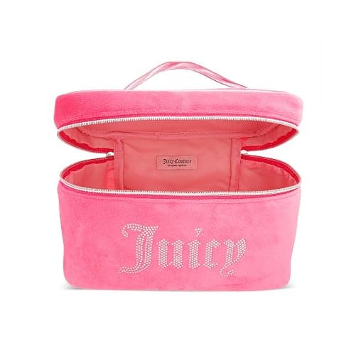 Juicy Couture Pink Silver Makeup Bag Cosmetics Organizer Travel Essentials Train Case Velour Rhinestones thumbnail 3