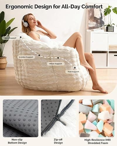 KINGYES Giant Bean Bag Chair, Fluffy Bean Bag Chair with Armrest, Memory Foam Beanbag for Adults, Beige(Pillow not Included) thumbnail 4
