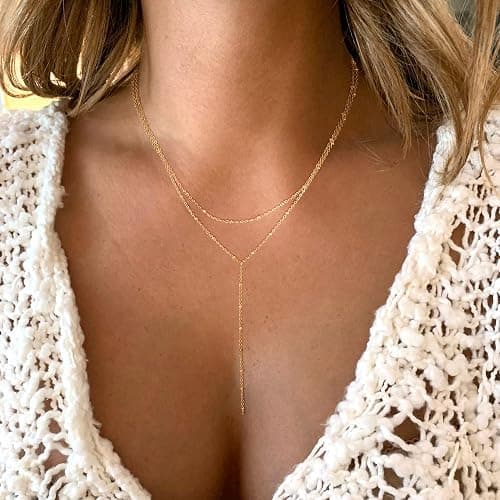 Foxgirl Lariat Gold Necklace for Women, Dainty Long Necklace 14k Gold Plated/Silver Y-Shaped Pendant Necklace Trendy Layered Cz Beaded Chain Drop Necklaces Simple Gold Jewelry For Women Gift thumbnail 4