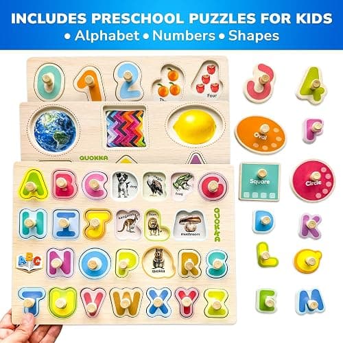 QUOKKA 8 Wooden Puzzles for Toddlers 1-3 - Toddler Montessori Puzzles Ages 2-4 in a Rack - Learning Alphabet, Numbers and Animals Toy for Kids 3-5 - Wood Games Gift for Boys and Girls thumbnail 3